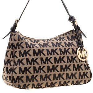 Michael Kors Beige/Black Signature Canvas Small Top Zip Shoulder Bag